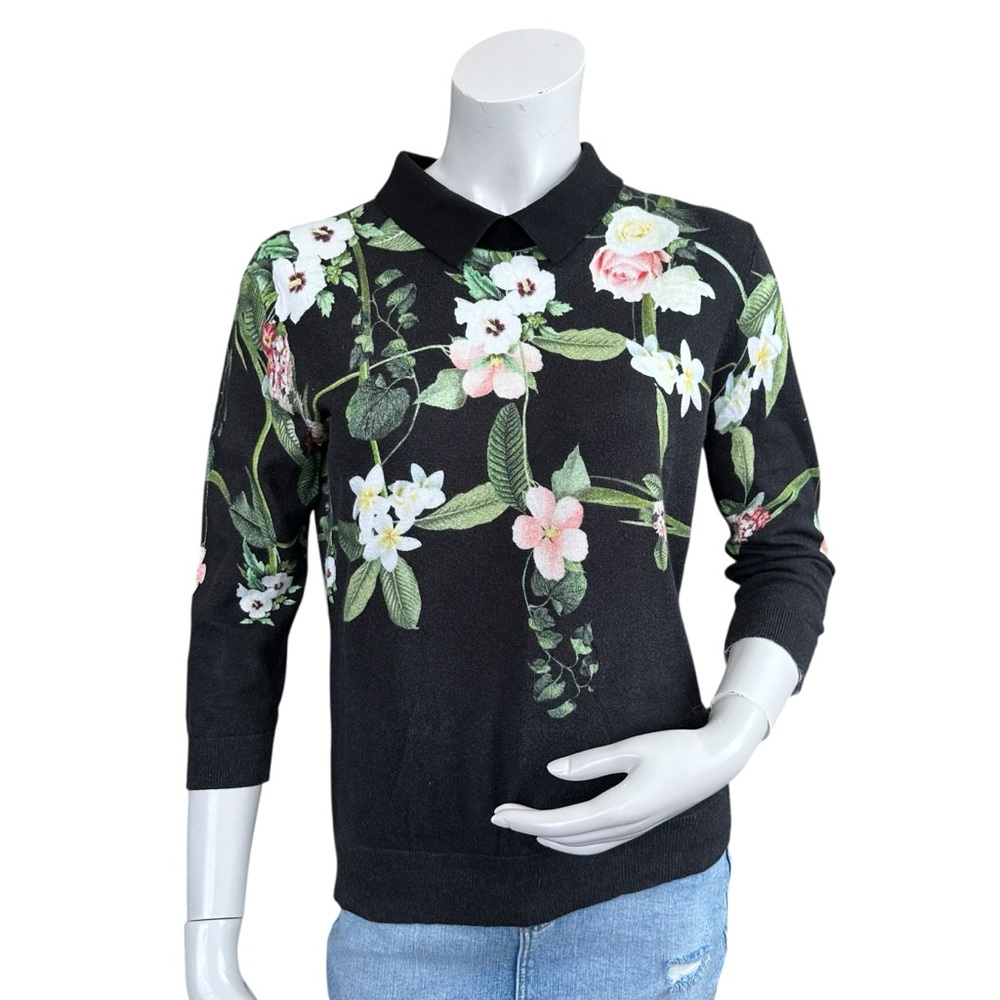 Ted Baker Black Cotton Peter Pan Collared Floral Print Pullover Sweater US 6